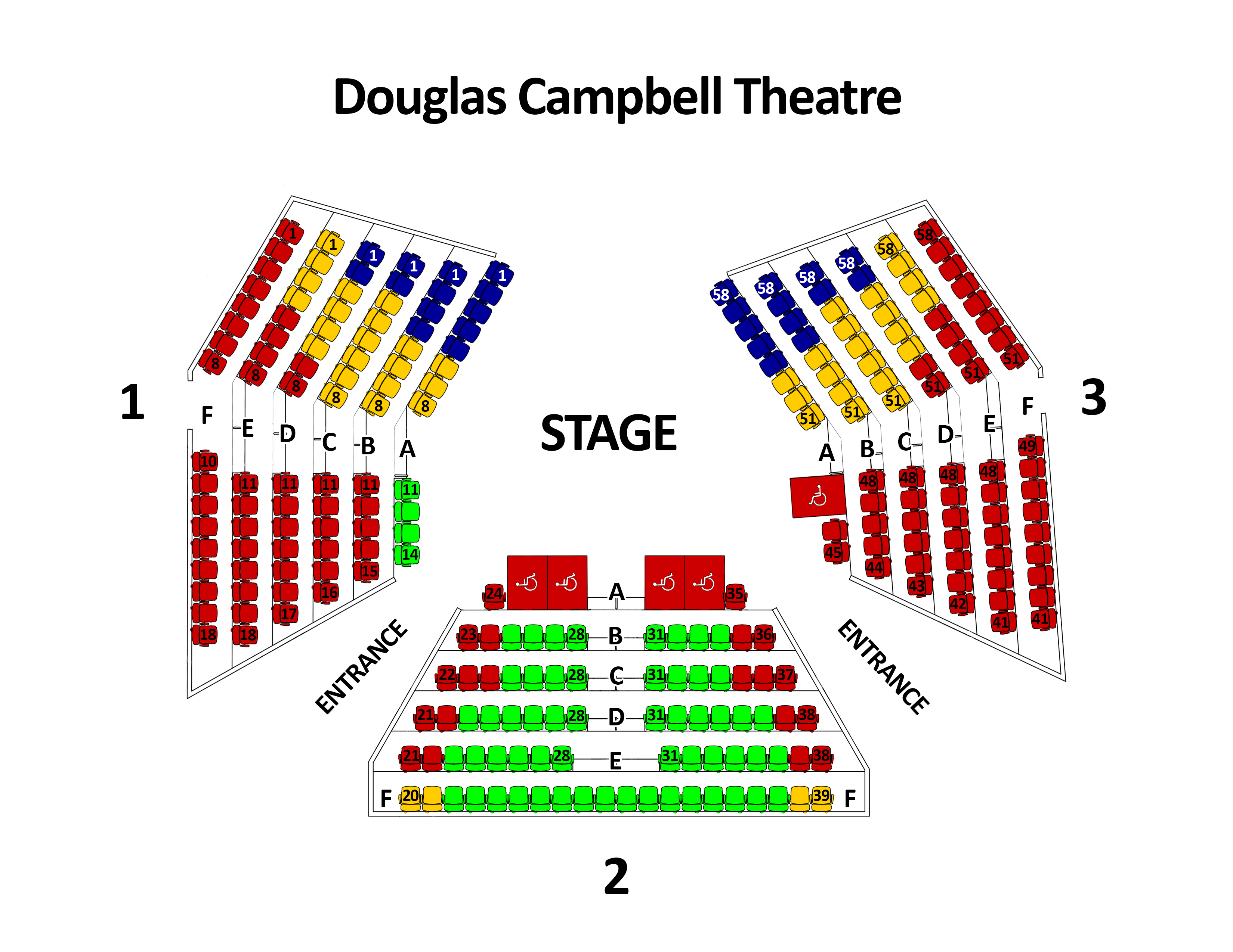 Howard Family Stage Seating map. Seating Zones visually represented by colour coding
