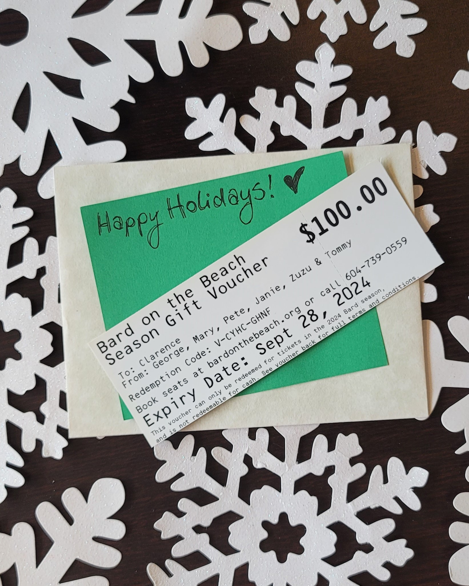 A Bard on the Beach 2024 Season gift Voucher with a snowflake background