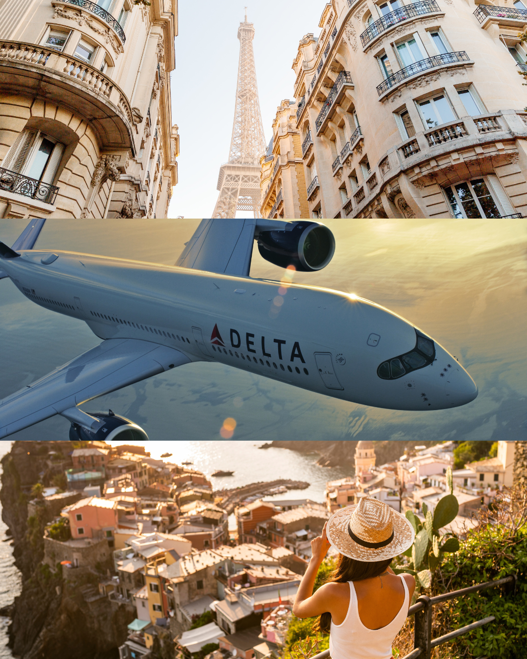 Composite image of three things. On top, a city view of Paris, France with the Eiffel Tower,. In the middle, a Delta plane in the sky. On the bottom is an image of coastal Italy with a woman looking out toward the ocean ahead