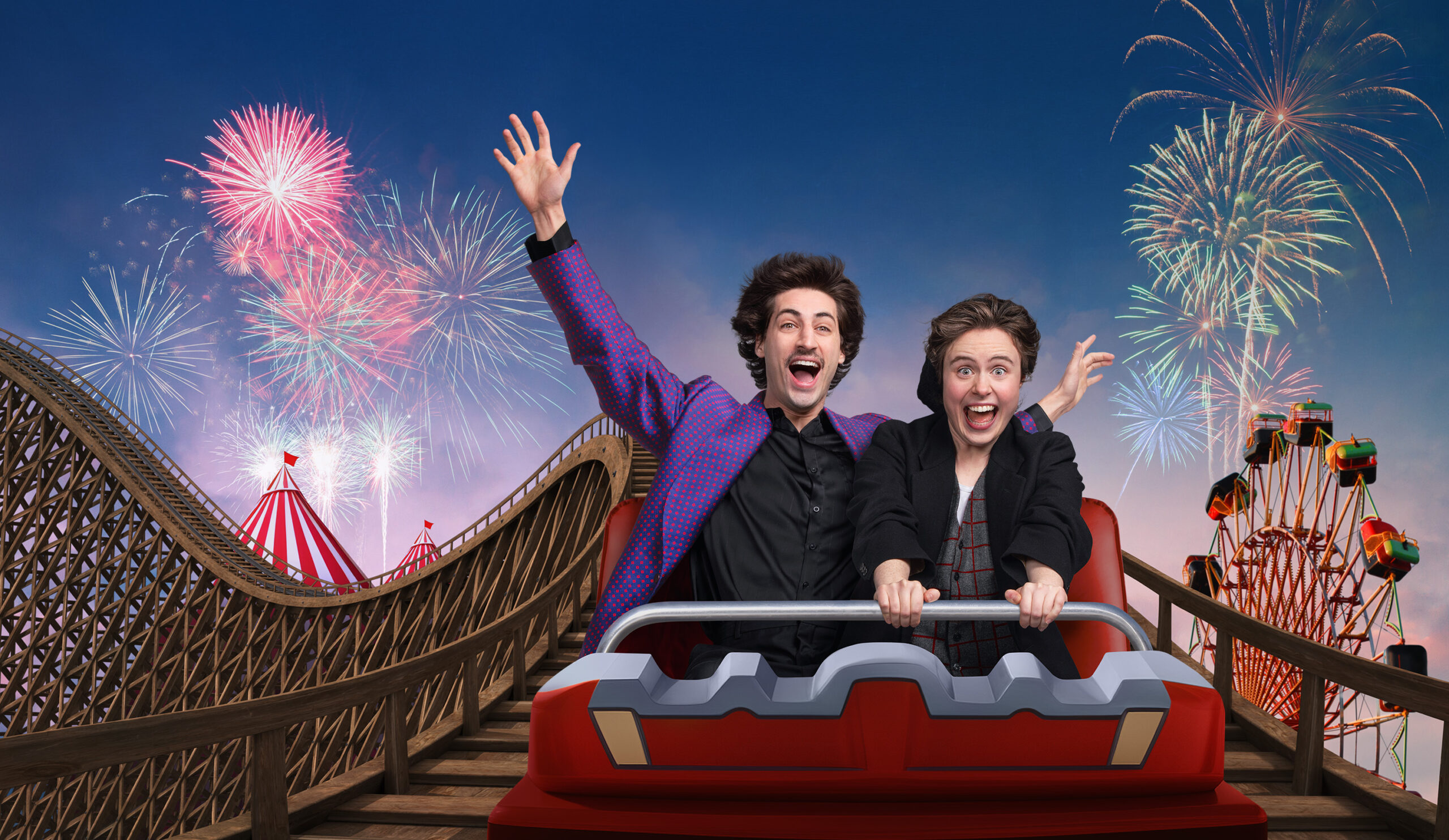 Orsino and Viola in a rollercoaster car with excited faces