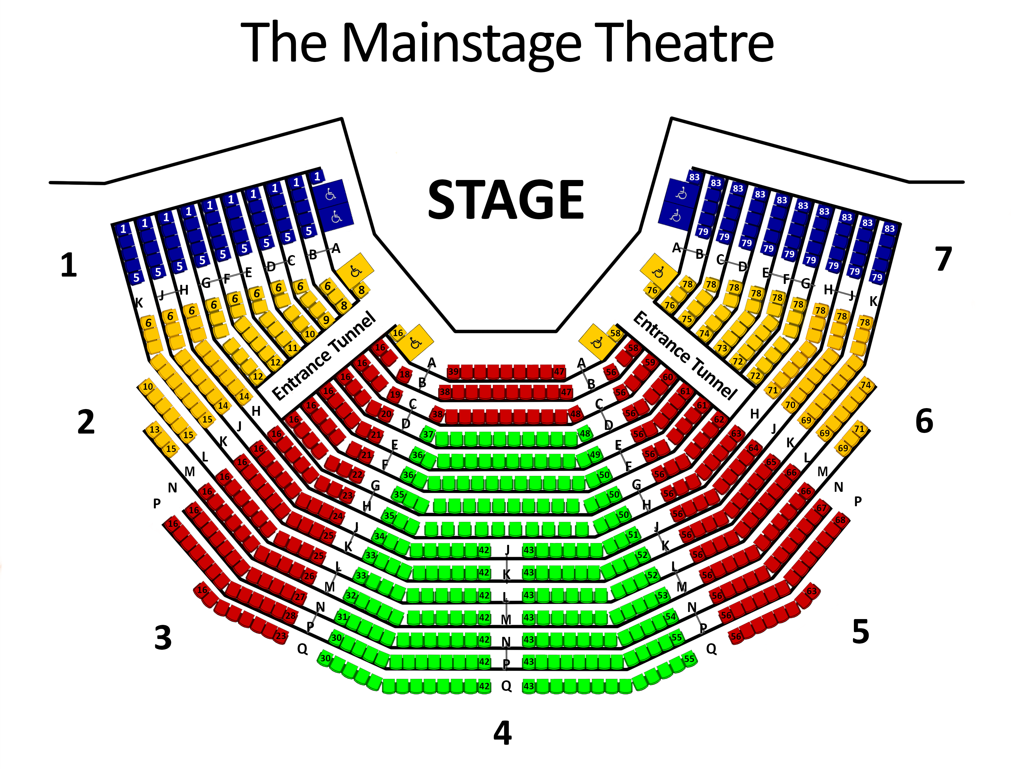 Coloured seating map for the BMO Mainstage with C (blue), B (yellow), A (red), and A+ (green) seats.