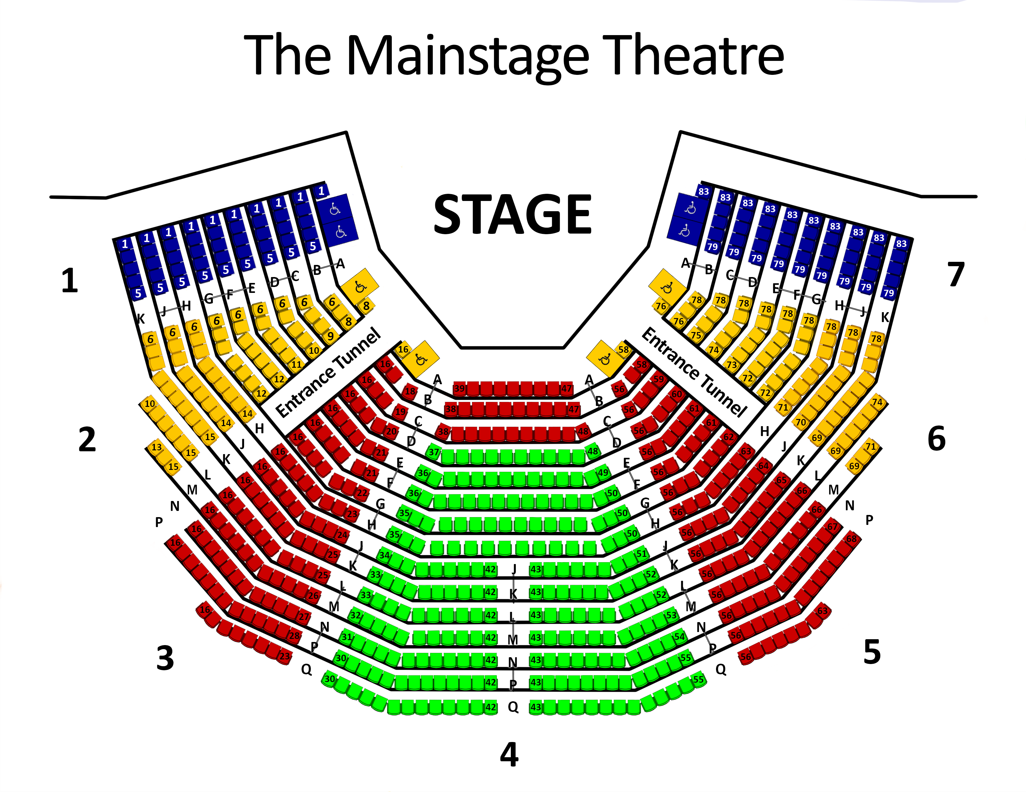 Coloured seating map for the BMO Mainstage with C (blue), B (yellow), A (red), and A+ (green) seats.