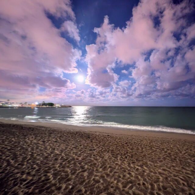 A moody photo of a beach in Spain under the moonlight.