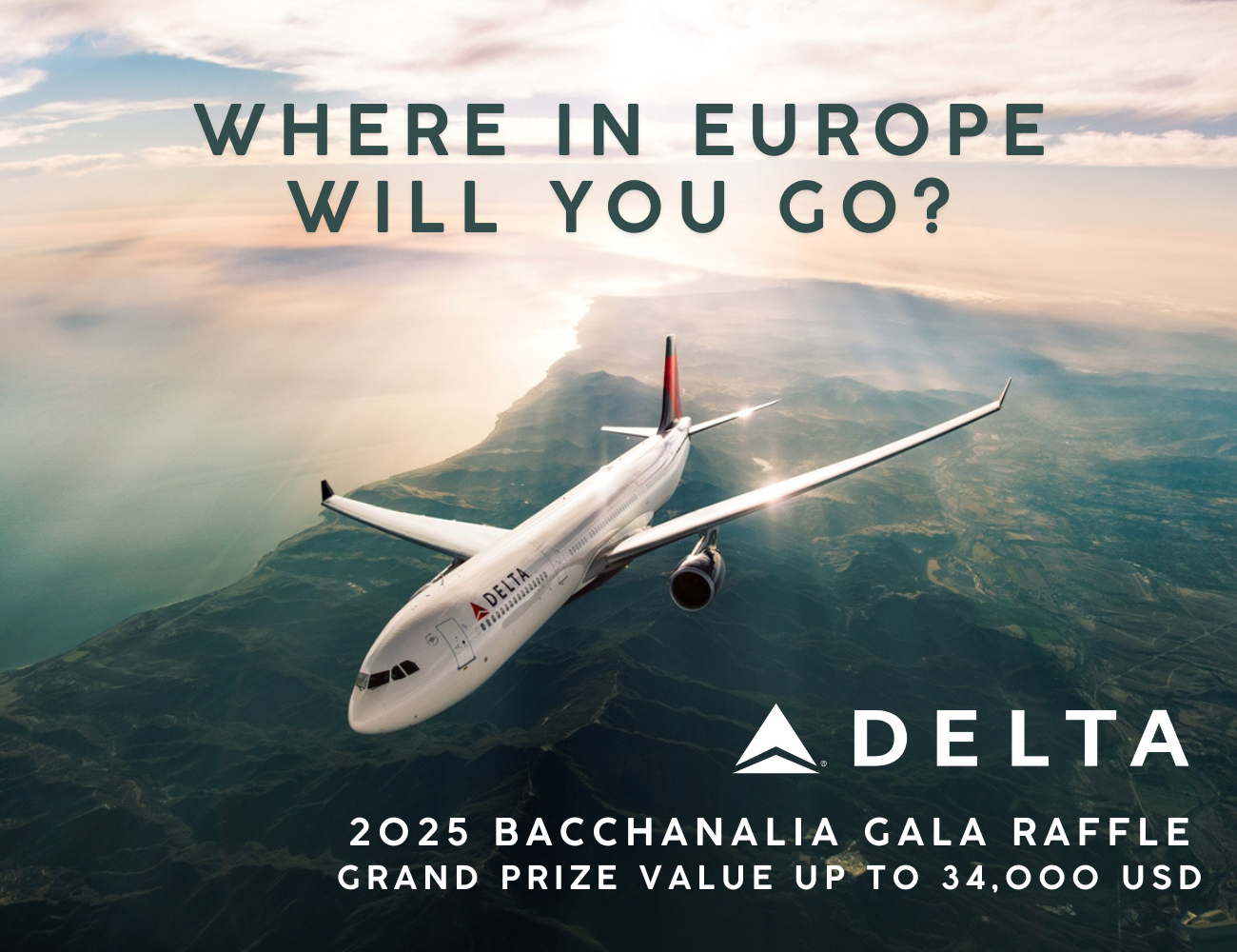 A photo of a Delta plane flying over a mountain range, with the text "Where in Europe will you go?" at the top.