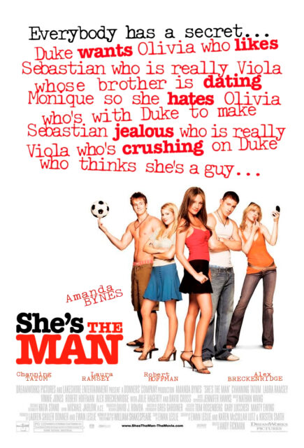 The theatrical release poster for She's the Man (2006). Five characters pose standing in the bottom right corner of the poster all looking towards the camera. Amanda Bynes poses at the front of the group. She is wearing a red spaghetti-strap top, a black miniskirt and strappy black heels. Channing Tatum stands with his arms crossed behind Bynes to the right, wearing a white tank top, blue jeans, and white shoes. The top half of the poster is covered in red typewriter font reads "Everybody has a secret... Duke wants Olivia who likes Sebastian, who is really Viola whose brother is dating Monique, so she hates Olivia who's with Duke to make Sebastian jealous, who is really Viola who's crushing on Duke who thinks she's a guy...". The title of the movie is in bold typewriter font in the lower left corner of the poster.