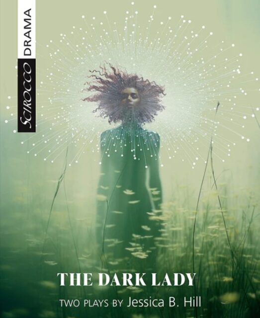 The cover for "The Dark Lady" is of a woman with red curly hair splayed out around her head, and a dispersed firework-like design dispersing from around her face. Her body is a blurry silhouette, and she stands in a field of tall, out-of-focus daisies. There is a light green hue cast over the entirety of the book cover. The title, in bold font, and the author’s name is placed at the bottom of the cover and the publisher’s stamp is in the top left corner.