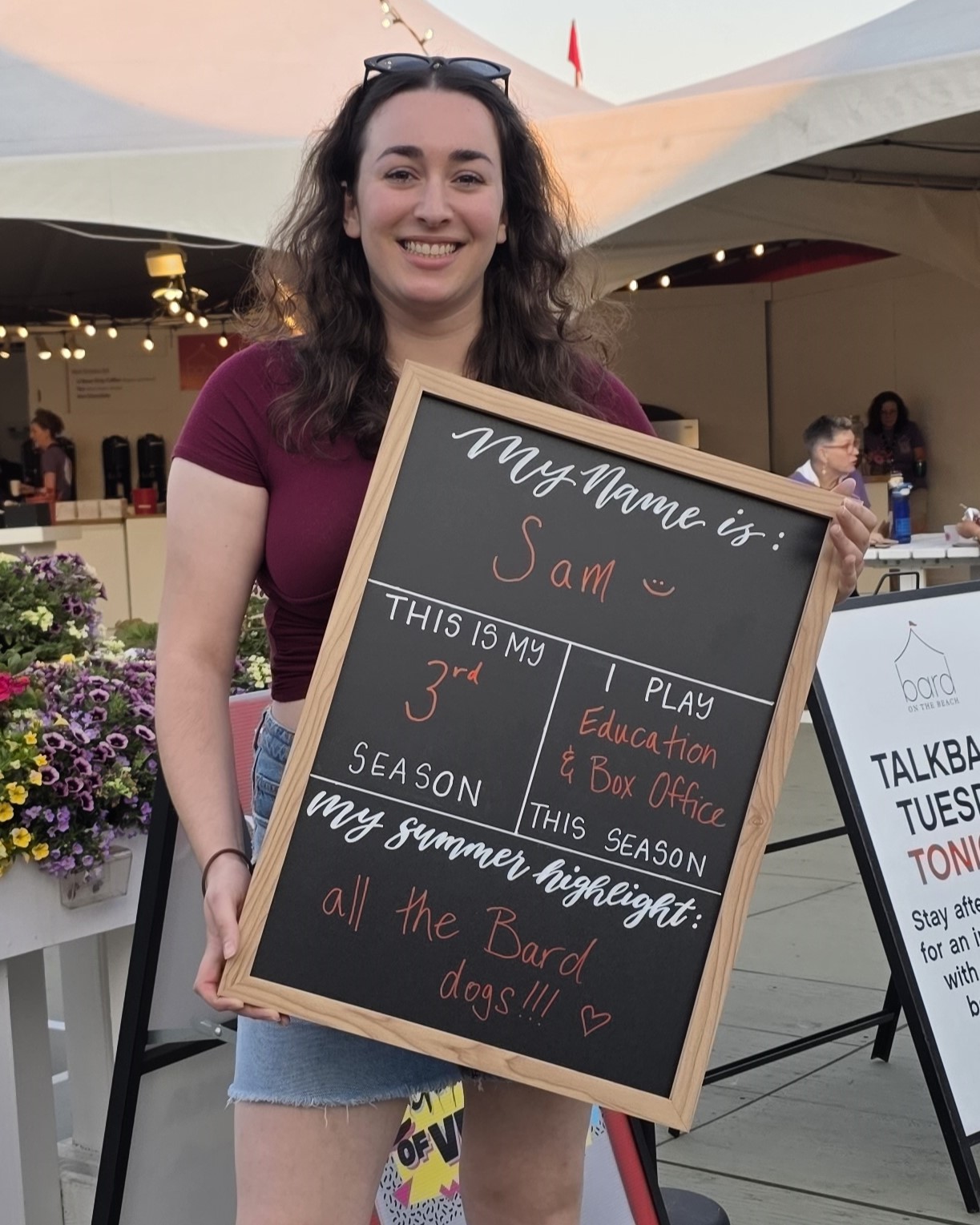 Sam is in her third Season at Bard and works with Education and Box Office. Her summer highlight has been all the Bard dogs