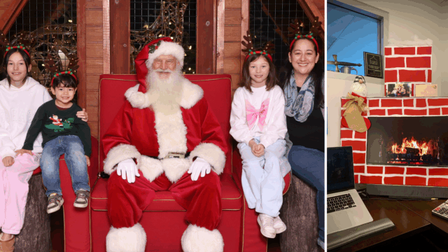 Left: Susan and her family posing with Santa Claus. Right: A faux fireplace in Susan's office.
